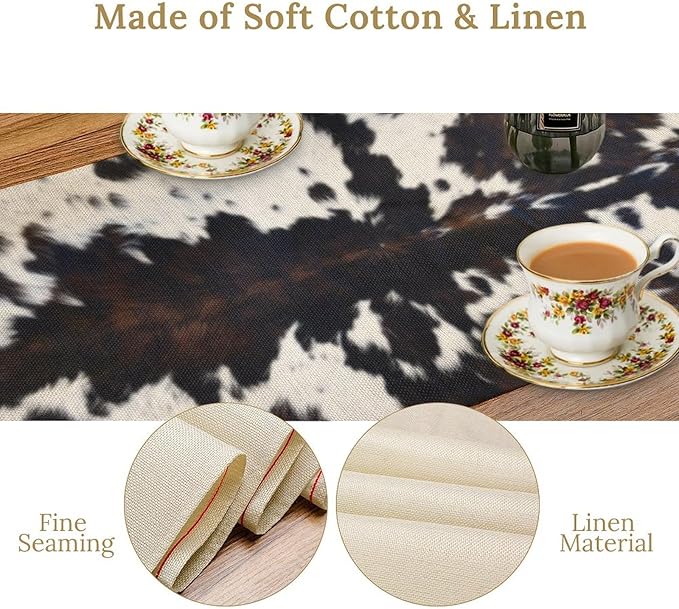 Cow Print Table Runner Country Farmhouse Cottage Brown Cowhide Print Art Printed Runner for Home Kitchen Dining Table Living Room Decor Fabric 1 Panel W13xL90in