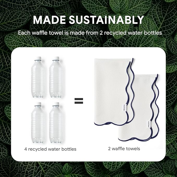 RECYCO Waffle Kitchen Towel Set of 2 - Quick Dry Microfiber Sustainable Dish Towels - Ultra Absorbent Reusable Cleaning Tea Towels - Lightweight Hand Towels,16”x 28”, Navy Blue