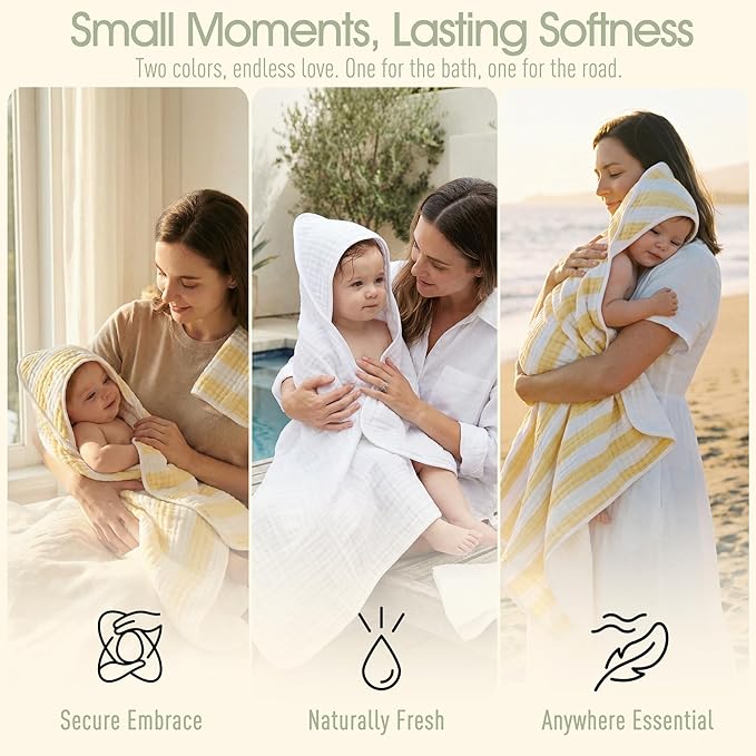 4-Pack Muslin Hooded Baby Bath Towel Set - 100% Organic Cotton, (2) 6-Layer 32x32 Towels & (2) Washcloths, Newborn & Infant Gift Set (Yellow Striped & White)