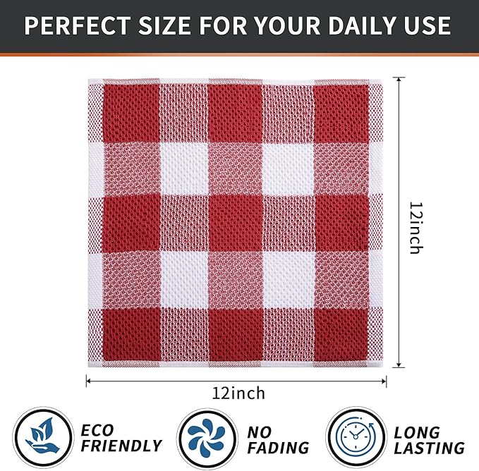 Mordimy 100% Cotton Waffle Weave Plaid Dish Cloths, 12 x 12 Inches, Super Soft and Absorbent Quick Drying Buffalo Check Dish Rags for Kitchen, 6-Pack, Red & White