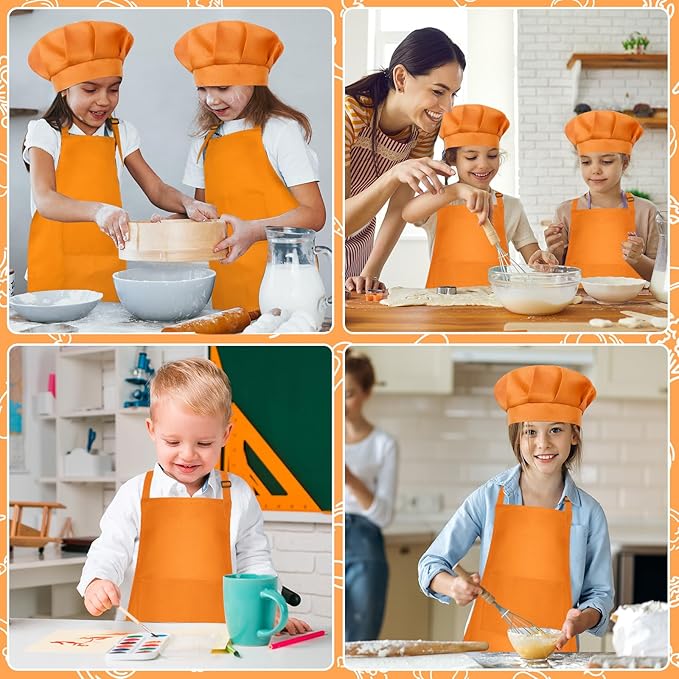 Kids Apron and Chef Hat Set Children Apron Adjustable with 2 Pockets Children Chef Painting for Cooking Baking