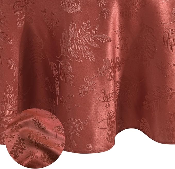 Elrene Home Fashions Elegant Woven Leaves Jacquard Damask Wrinkle Resistant Tablecloth, 60" x 84", Oval, Spice Red
