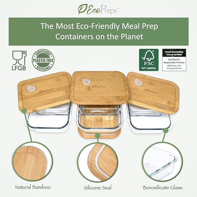 EcoPreps Glass Meal Prep Containers with Bamboo Lids, 2 Compartment Glass Bento Box Container Set (3 Pack) | 100% Plastic Free, Eco-Friendly, Lunch Containers with Lids Made of Bamboo - Set of 3