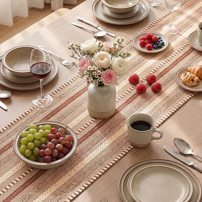 Artoid Mode Caramel Farmhouse Woven Table Runner, Seasonal Holiday Rustic Kitchen Dining Table Decoration for Home Party Decor 12x90 Inch