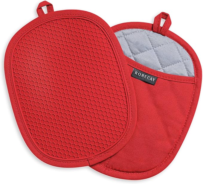 2-Pack Silicone Pot Holders for Kitchen Heat Resistant up to 500°F, Non-Slip Large Hot Pads with Pocket, Quilted Liner Trivets for Countertops Hot Pots and Pans (Red)