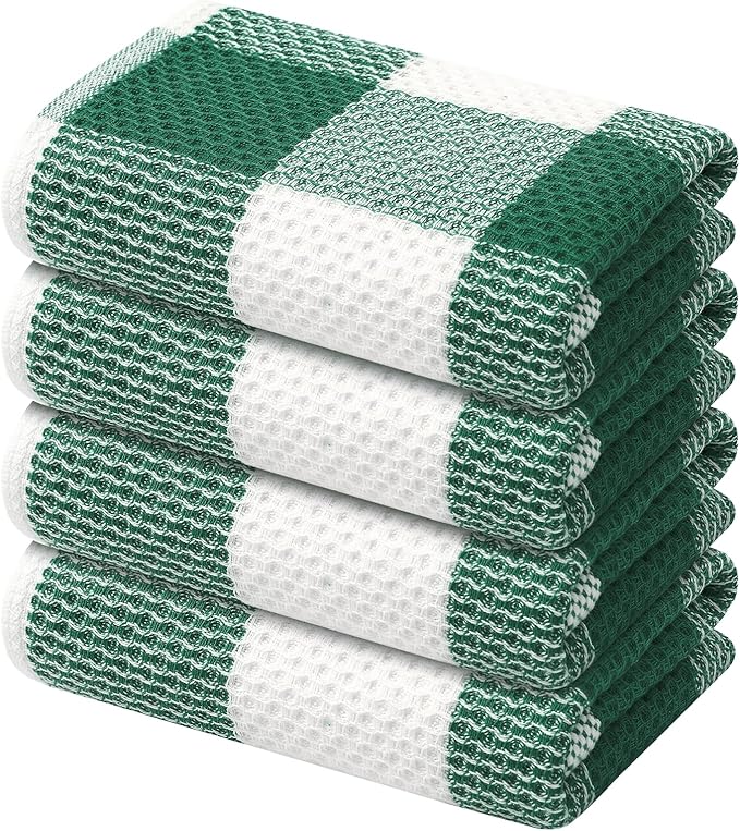Mordimy 100% Cotton Waffle Weave Kitchen Towels, 13 x 28 Inches, Super Soft and Absorbent Buffalo Check Dish Towels for Drying Dishes, 4-Pack, White & Dark Green
