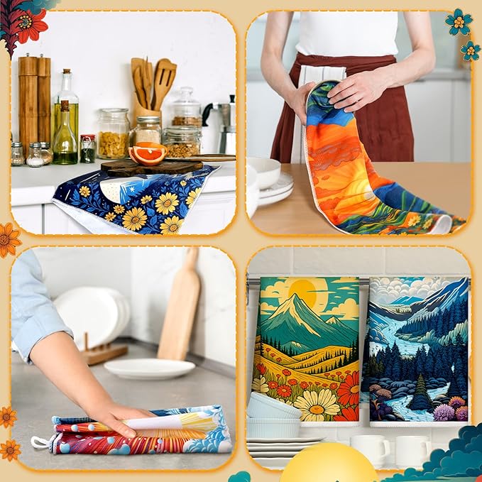 Bencailor 6 Pcs Retro Kitchen Towels 15.7 x 23.6 Inch Farmhouse Vintage Hand Towels Decorative Absorbent Dish Cloth for Bathroom Decor for Cooking Baking Cleaning (Light Color,Sunset)