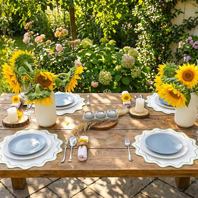 Set of 12 Cotton Linen Placemats, 15x15 Scalloped Flower Embroidery Cloth Table Mats Double Layered Fabric Washable Wrinkle Free Dining Placemat for Restaurant Kitchen Decor (White with Green)