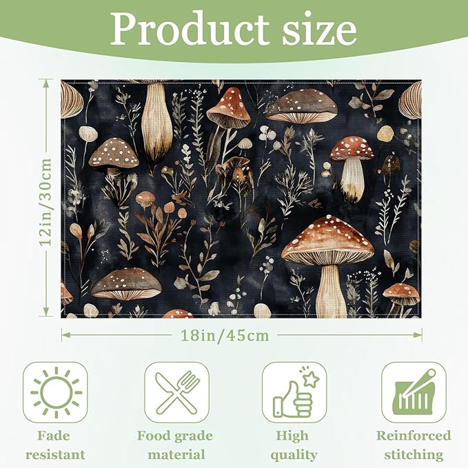 Watercolor Mushroom Placemats Set of 6, Washable Heat Resistant Table Mat Linen Place Mats for Party Kitchen Dining Home Decor 12x18 Inch