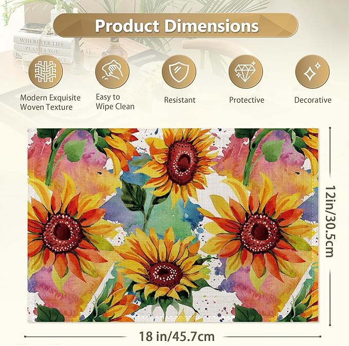 Placemats Set of 6 Linen Washable Kitchen Dining Watercolor Sunflower Table Mats Stain Heat-Resistant Desktop Décor Colorful Wildflower Place Mats for Home Party Indoor 12x18 in