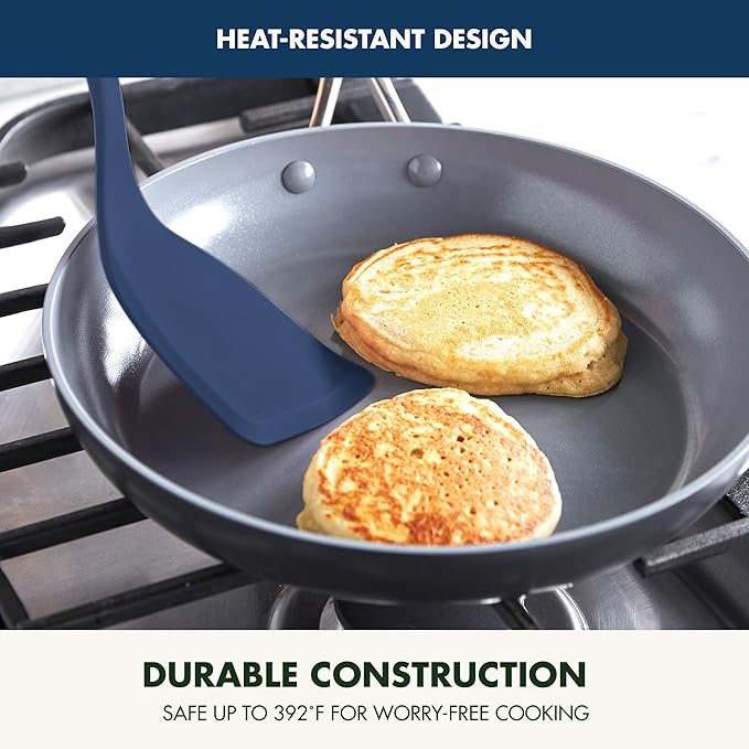 GreenPan Silicone Solid Turner Spatula, Flipping Cooking Kitchen Utensil, Flexible Rubber Nonstick Cookware, Rigid Steel Core, Heat-Resistant, Anti-Slip Handle, BPA-Free, Dishwasher Safe, Blue