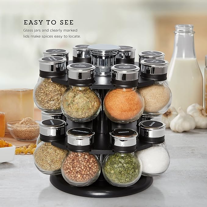 Kamenstein Ellington 16 Jar Revolving Spice Rack with Prefilled Spices - Rotating Chrome and Plastic Countertop Organizer with Sifter Caps and Labeled Lids