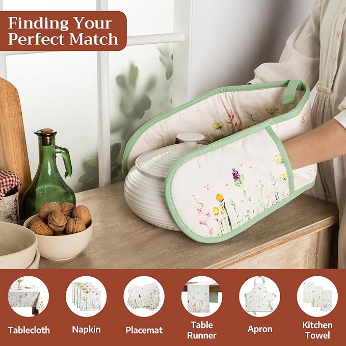 Maison d' Hermine Double Oven Mitts 100% Cotton 7"x35" Double Oven Mitt Heat Resistant BBQ Cooking Gloves with Loop Baking Grilling Gifts for Mothers Day Spring Summer (Botanical Fresh)