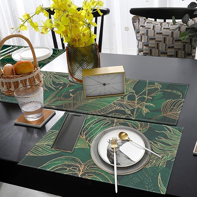 ArtSocket Palm Leaves Table Runner and Placemats Set of 6, Luxury Geometric Green Gold line Modern Tropical Dining Decor for Daily Use(1 Table Runner 72 inches Long and 6 Placemats)