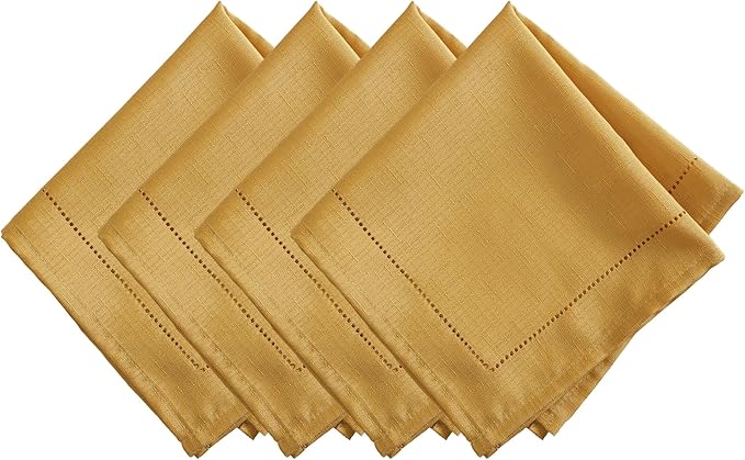 Elrene Home Fashions Alison Eyelet Border Design Cloth Wrinkle Resistant Fabric Dinner Napkin, Set of 4, 17"x17", Golden Yellow