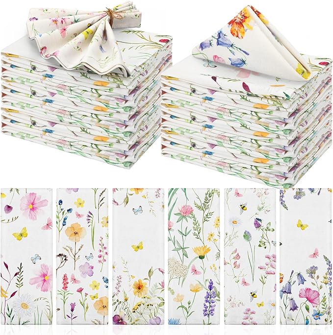 VitalCozy Cloth Napkins-15 x 15 Inch Soft Fabric Napkins Bulk Cloth Washable Reusable Plants Floral Square Napkin Cotton Dinner Towel for Spring Tea Party(Watercolor,24 Pcs)