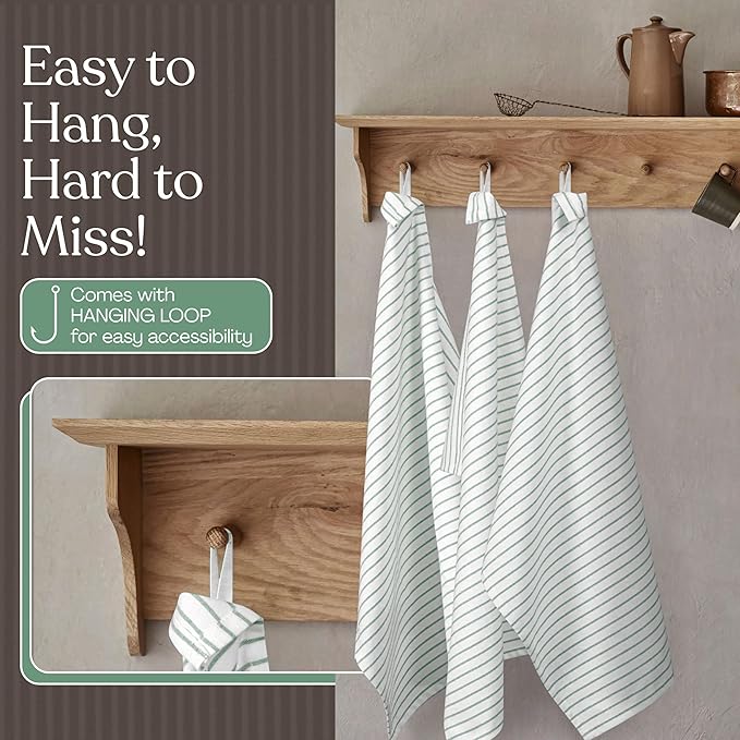Sea Green Striped Kitchen Dish Towels (12-Pack), Quick Dry, Ultra Absorbent & Durable, 100% Cotton Classic Stripe Towels for Drying Dishes, Wiping, and Daily Kitchen Cleanup