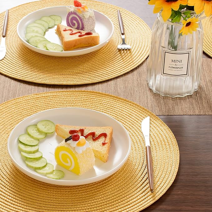 FunWheat Round Braided Placemats Set of 6 Table Mats for Dining Tables Woven Washable Non-Slip Place mats 15inch for Spring(Yellow, 6pcs)
