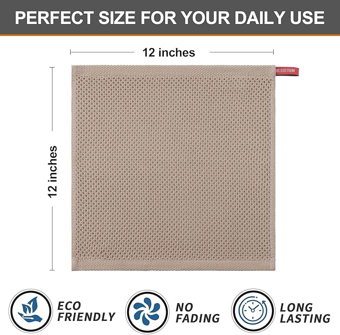 Kitinjoy 100% Cotton Kitchen Dish Cloths (12 X 12 Inches, Tan), 6 Pack Waffle Weave Ultra Soft Absorbent Dish Towels for Drying Dishes Quick Drying Kitchen Towels Dish Rags