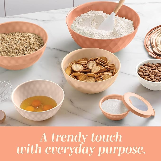 COOK WITH COLOR Mixing Bowls with Lids - 12 Piece Plastic Nesting Bowls Set includes 6 Prep Bowls and 6 Lids, Microwave Safe Mixing Bowl Set, Orange Diamond