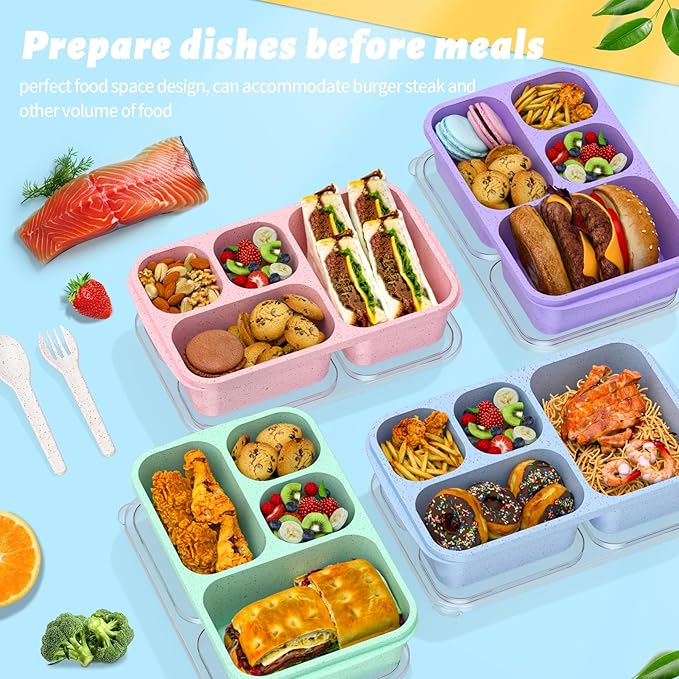 Bento Box 4-Pack 5-Compartment Meal Prep Containers, BPA-Free Plastic, Stackable Food Storage Lunch Boxes for Adults and Kids, School Work Travel (Off White)