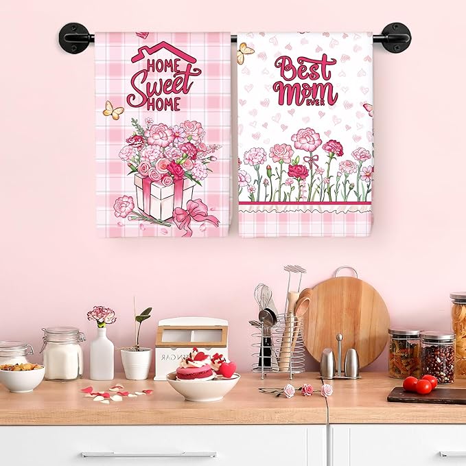 Mother's Day Floral Tea Towels, Cotton Kitchen Towel 18.9 × 27.5 inch, Quick Drying Dish Cloth for Party Anniversary Holiday Decoration, Housewarming Gifts for Mom