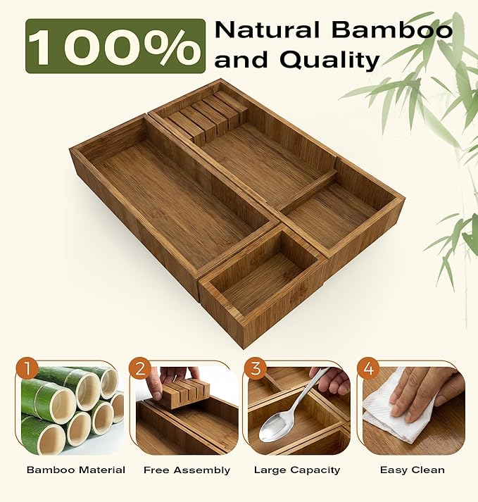 KOCWELL Bamboo Silverware Drawer Organizer with Knife Block, 3 Removable Drawer Organizer Bins - Multi-Use for Kitchen Utensils, Office, Makeup, Tools Storage