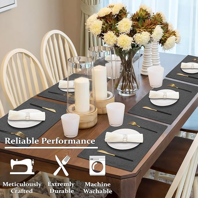 Cloth Placemats Set of 4, Cotton Linen Blend Machine Washable Double Layered Durable Place Mats Heat Resistant Placemats Wrinkle Free Thick Fabric Dining Table Mats (Dark Grey, 4)