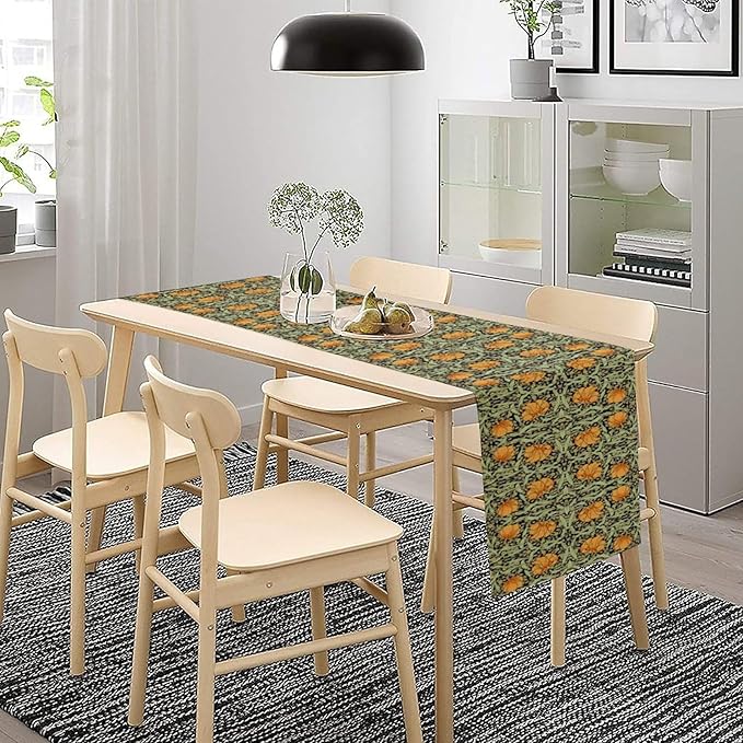 William Morris Vintage Floral Table Runner Farmhouse Sage Green Orange Art Printed Dinner Runner for Home Kitchen Dining Table Decor Fabric 1 Panel W13xL70in