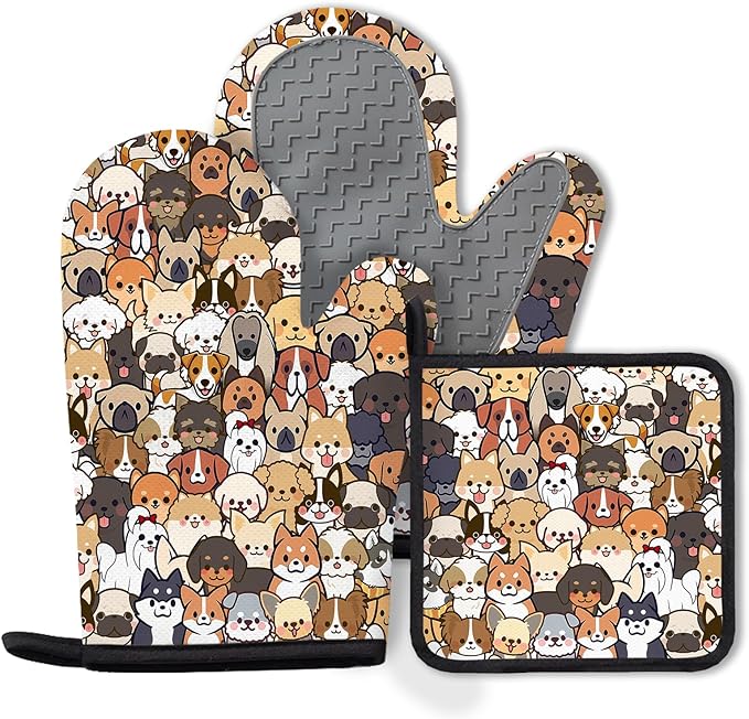 Dog Silicone Oven Mitts and Pot Holders 3Pcs, Cute Dog Silicone Oven Mitts Birthday for Dogs Lover, Funny Dogs Heat Resistant Non-Slip Oven Gloves for Mom Wife Sister BFF