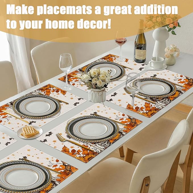 Fall Skull Sunflower Placemats Set of 6, Halloween Bat Linen Place Mat Washable Stain Resistant Table Mats for Farmhouse Kitchen Dining 12x18 Inch