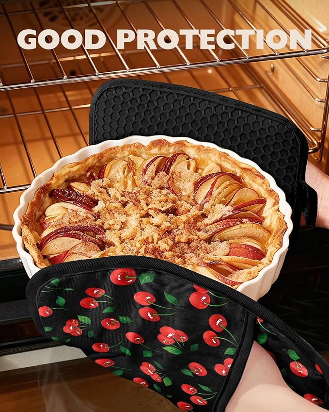 Slohif Silcone Cherry Pot Holders for Kitchen - 100% Cotton Black Cute Oven Potholders with Pockets, Heat Resistant Square Thick Hot Pads, House New Home Baking Baker Gifts,2pack