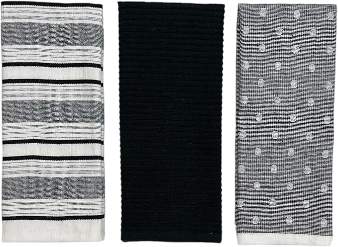 Black White Kitchen Hand Dish Towels: Oversized 28" x 16",100% Cotton Cloth Soft Cleaning Drying Absorbent Striped Solid Polka Dot Design, Set of 3 Multipurpose for Everyday Use (Black Austin)