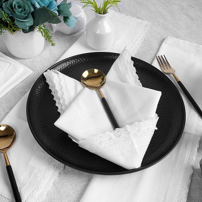 FINGERCRAFT Dinner Cloth Napkin Cotton Linen 12 Pack Vintage Rustic Premium Quality Mitered Corners Napkin Cloth with Elegant Lace for Everyday Use Pre Shrunk and Good Absorbency 20x20 in White