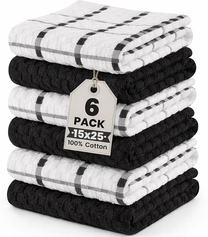 GOLD TEXTILES Kitchen Towels 6 Pack Premium 100% Cotton Dish Towels for Kitchen (15 x 25 Inches) Super Soft & Absorbent Kitchen Hand Towels for Drying Dishes, Cleaning - Reusable and Washable (Black)