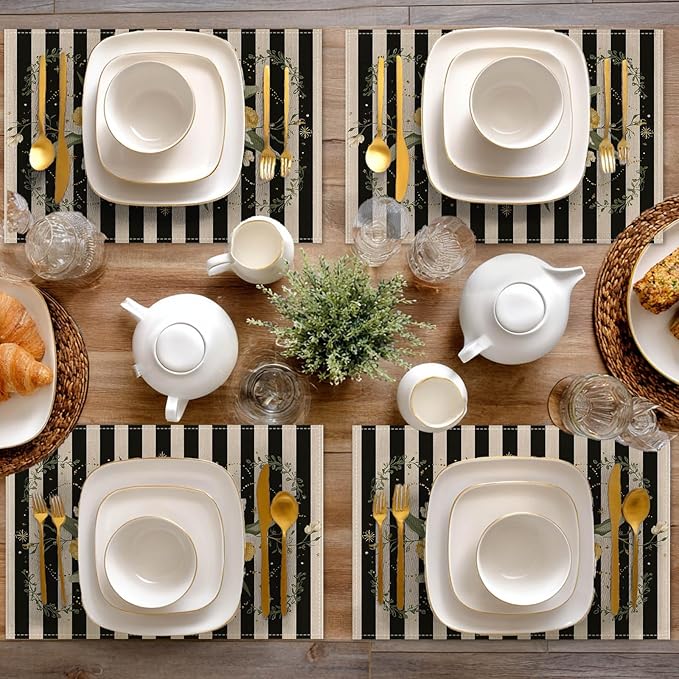 HOMETITUTE Floral Placemats Set of 4 Linen 12x18 Inch Washable Table Mats Black and White Stripes with Daffodil Flowers Decorative Table Placemats Set of 4 Farmhouse Kitchen Dining Everyday Decor