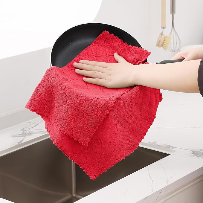 Homaxy 12 Pack Dish Towels for Kitchen (13 x 19 Inches, Red), Super Soft and Absorbent Coral Velvet Dish Cloths for Washing Dishes, Nonstick Oil Fast Drying Microfiber Cleaning Cloth