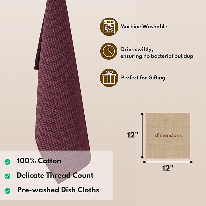 Native Fab 18 Pack Dish Cloths - 100% Cotton, Absorbent, Quick Drying, Soft & Washable Towels for Cleaning, Cooking & Baking - Perfect for Home, Restaurants, Bars, Versatile Uses, 12"x12", Burgundy