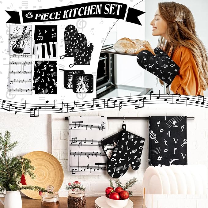 Leinuosen 8 Pcs Music Note Kitchen Decor Accessories Set Farmhouse Towels Oven Mitts Pot Holders Dishcloths Set Kitchen Decorative Absorbent Potholders for Chef Baking Cooking