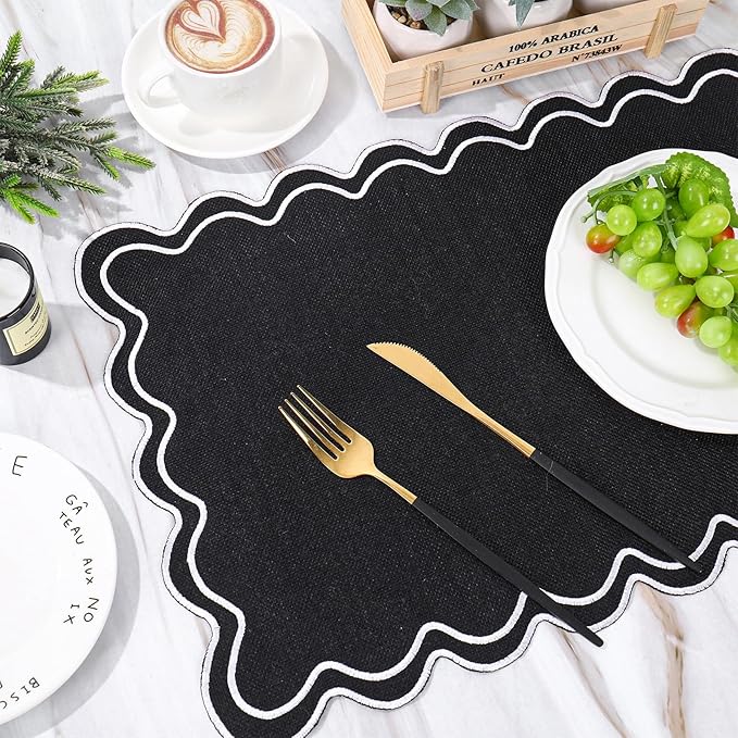 Whaline Black White Linen Placemats Embroidered Scalloped Kitchen Place Mats for Birthday Party Home Dining Table Decor, Set of 6, 13 x 19 in