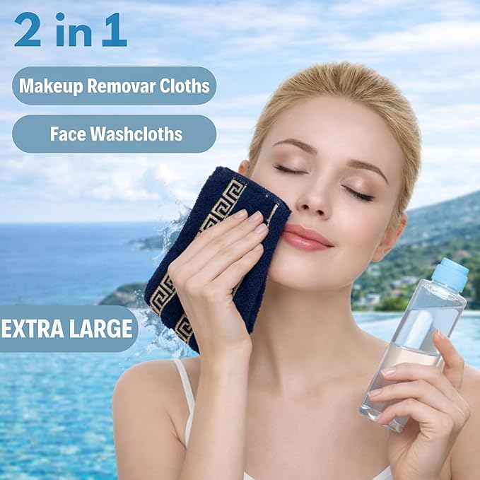 4 Piece WashCloth Set with Greek Key Design - 100% Cotton Soft & Absorbent Bathroom 12x19 in Small Towels - Soft Face Towels, Quick Dry Navy Blue Wash Cloth for Spa, Hotel & Home Use CC4