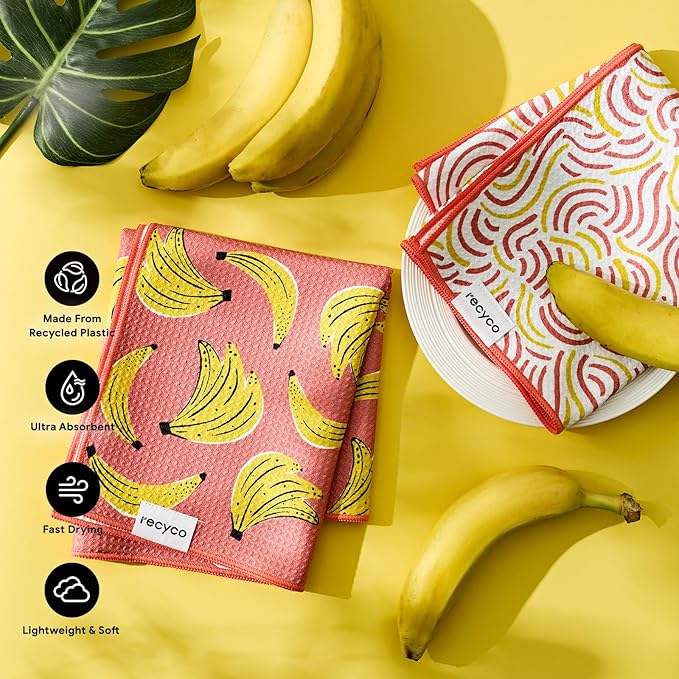 RECYCO Waffle Kitchen Towel Set of 2 - Quick Dry Microfiber Sustainable Dish Towels - Ultra Absorbent Reusable Cleaning Tea Towels - Lightweight Hand Towels,16”x 28”, Banana Joy
