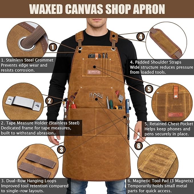 Geelu Woodworking Apron 16oz Waxed Canvas Work Aprons with 10 Tool Pockets Gifts for Woodworkers