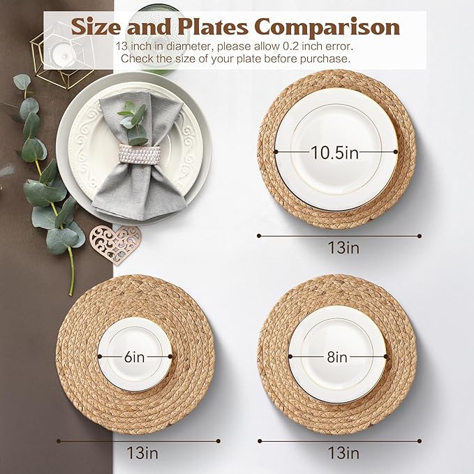 Aofmee 13 inch Round Woven Placemats Set of 6, Boho Rattan Place Mats, Natural Water Hyacinth Table Placemats, Farmhouse Weave Table Mats, Rustic Braided Wicker Charger Plates for Dining Table Decor