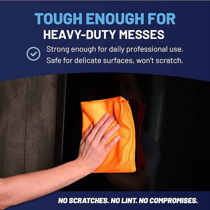 MW PRO Microfiber Cleaning Cloths Orange (12 Pack, 12x12) - Commercial Janitorial Towels & Lint Free Rags - Heavy Duty for Auto Detailing, Glass Windows, Housekeeping & Screens - Washable 300+ Times