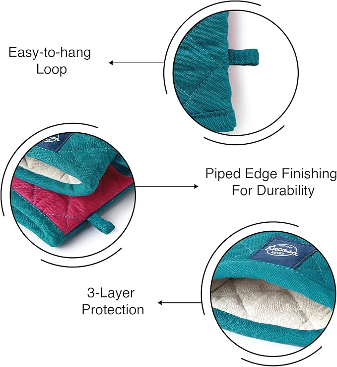 Encasa XO Heat Resistant Cotton Oven Gloves Mitts (2 Pc Set) - Quilted & Safe 12x6.6 in - for Kitchen, Cooking & Baking, Grilling, Handling Hot Pots & Pans - Azul Blue