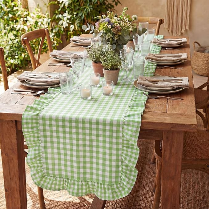 HunnmingRe 1 Pcs Light Green Plaid Gingham Ruffle Table Runner 72 x 13.8'' Farmhouse Easter Table Runner 100% Cotton Scalloped Long Dresser Scarves for Dining Room, Wedding, Kitchen Rustic Home Decor