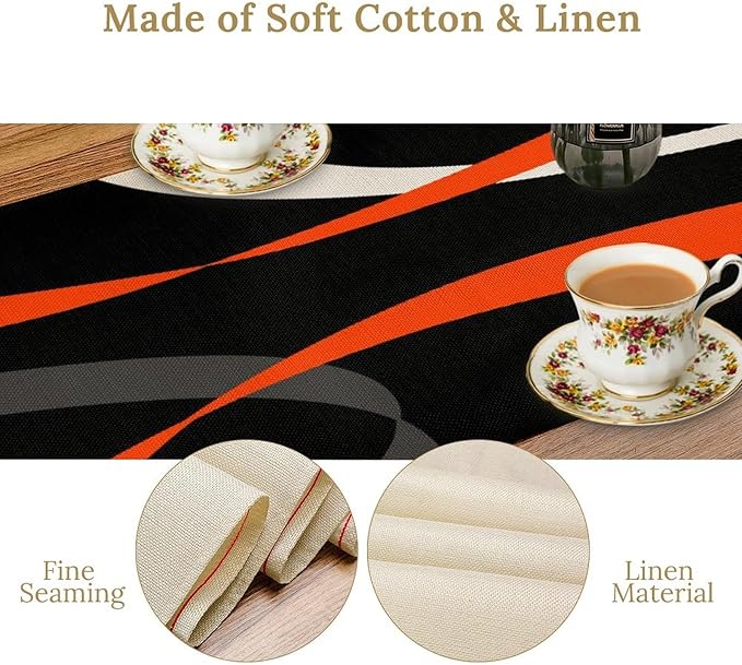 Abstract Orange Geometric Table Runner Grey and White Striped Black Background Modern Kitchen Dinner Runner for Indoor Home Living Room Party Dining Table Decoration 13"x72"