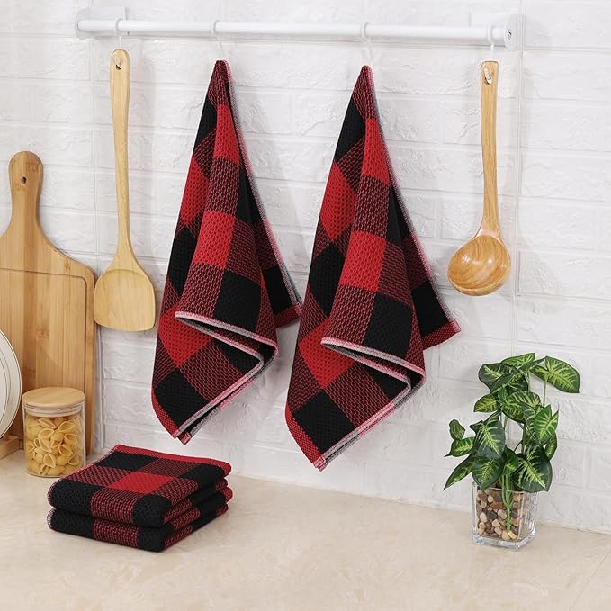 Mordimy 100% Cotton Waffle Weave Kitchen Towels, 13 x 28 Inches, Super Soft and Absorbent Buffalo Check Dish Towels for Drying Dishes, 6-Pack, Black & Red