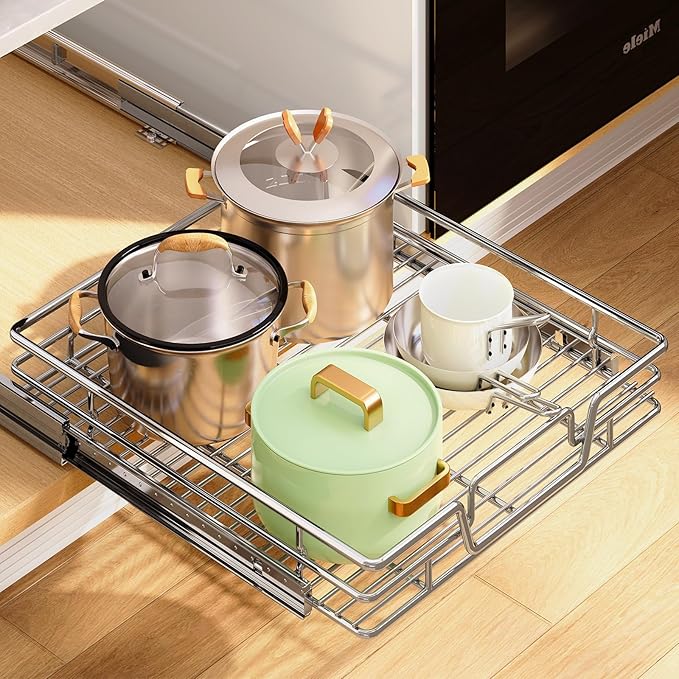 Kitchen Cabinet Pull Out Shelf and Drawer Organizer Slide Out Pantry Storaqe Basket in Multiple Sizes (17" W x 18" D,1 Tier)